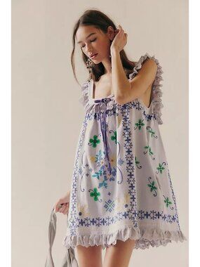 Free People Bali Main Squeeze Mini Dress Vintage Prairie Embroidery Womens L